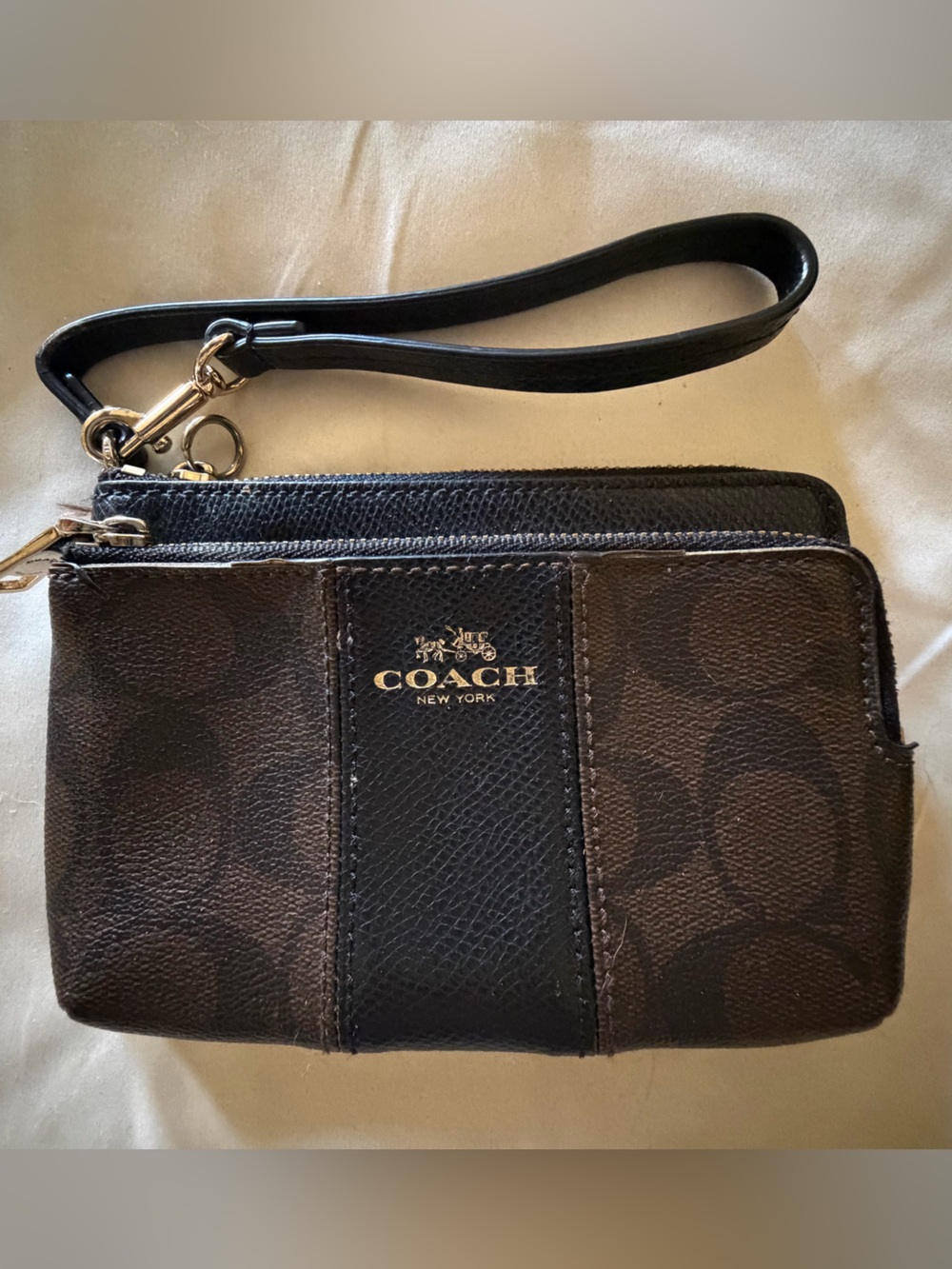 Coach Brown and Black Signature Non Leather Wristlet with Gold Hardware